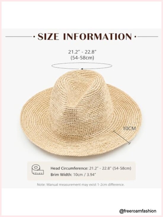Raffia Straw Wide Brim Panama Fedora Sun Hat UPF 50+ Beach Travel